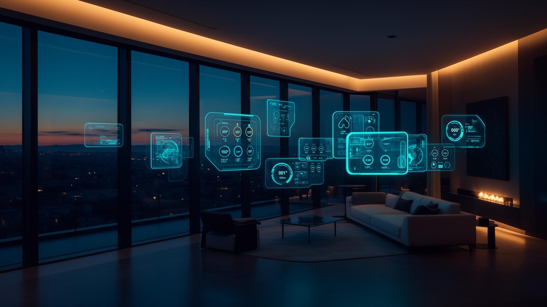 Luxury smart home interior with floating control interfaces